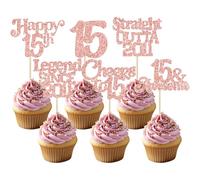 Ephlyn 30Pcs 15th Birthday Cupcake Toppers Glitter Fifteen Happy 15 Straight Outta 2011 Cupcake Picks for Cheers to 15 Years 15th Birthday Wedding Anniversary Party Decorations Supplies Black