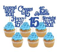 Ephlyn 30Pcs 15th Birthday Cupcake Toppers Glitter Fifteen Happy 15 Straight Outta 2011 Cupcake Picks for Cheers to 15 Years 15th Birthday Wedding Anniversary Party Decorations Supplies Black