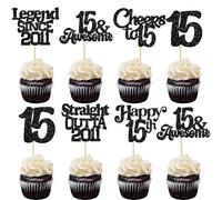 Ephlyn 30Pcs 15th Birthday Cupcake Toppers Glitter Fifteen Happy 15 Straight Outta 2011 Cupcake Picks for Cheers to 15 Years 15th Birthday Wedding Anniversary Party Decorations Supplies Black