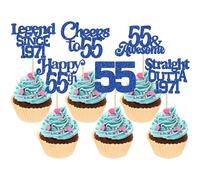 Ephlyn 30Pcs 55th Birthday Cupcake Toppers Glitter Fifty Five Happy 55th Straight Outta 1971 Cupcake Picks for Cheers to 55 Years Birthday Anniversary Party Cake Decorations Supplies Blue
