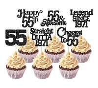 Ephlyn 30Pcs 55th Birthday Cupcake Toppers Glitter Fifty Five Happy 55th Straight Outta 1971 Cupcake Picks for Cheers to 55 Years Birthday Anniversary Party Cake Decorations Supplies Black
