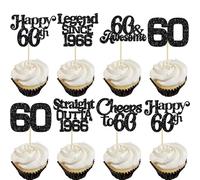 Ephlyn 30Pcs 60th Birthday Cupcake Toppers Glitter Sixty Happy 60th Straight Outta 1966 Cupcake Picks for Cheers to 60 Years Birthday Anniversary Party Cake Decorations Supplies Black