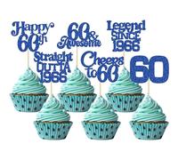 Ephlyn 30Pcs 60th Birthday Cupcake Toppers Glitter Sixty Happy 60th Straight Outta 1966 Cupcake Picks for Cheers to 60 Years Birthday Anniversary Party Cake Decorations Supplies Blue