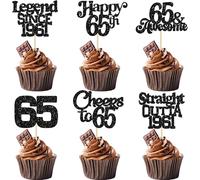 Ephlyn 30Pcs 65th Birthday Cupcake Toppers Glitter Sixty Five Happy 65th Straight Outta 1961 Cupcake Picks for Cheers to 65 Years Birthday Anniversary Party Cake Decorations Supplies Black