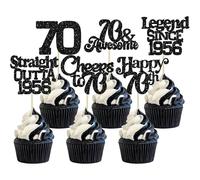 Ephlyn 30Pcs 70th Birthday Cupcake Toppers Glitter Seventy Happy 70th Straight Outta 1956 Cupcake Picks for Cheers to 70 Years Birthday Anniversary Party Cake Decorations Supplies Black