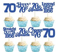 Ephlyn 30Pcs 70th Birthday Cupcake Toppers Glitter Seventy Happy 70th Straight Outta 1956 Cupcake Picks for Cheers to 70 Years Birthday Anniversary Party Cake Decorations Supplies Black