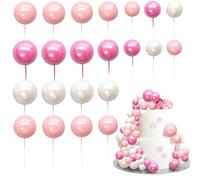 Ephlyn 30Pcs Balls Cake Topper Foam Ball Cake Picks Mini Balloon Cupcake Insert Bubble Balls DIY Decoration for Baby Shower Kids Birthday Party Decorations Pearl White Pink Rose Red