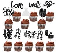 Ephlyn 30Pcs Bride to be Cupcake Toppers Glitter Wedding Cake Topper Decorations I Do Love Heart Ring Cupcake Picks for Bridal Shower Wedding Engagement Party Supplies Black