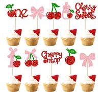 Ephlyn 30Pcs Cherry One Cupcake Toppers Glitter Pink Bow Cherry Cupcake Picks 1st Birthday Decorations for Sweet Fruit Theme Baby Shower Kids First Birthday Party Cake Decorations Supplies