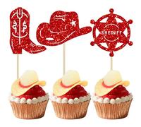 Ephlyn 30Pcs Cowboy Cupcake Toppers Glitter Cowboy Hats Boots Cupcake Picks Cowboy Party Cupcake Decorations for Western Theme Baby Shower Boys Birthday Party Cake Decorations Supplies Red