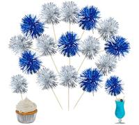 Ephlyn 30Pcs Foil Firework Cupcake Toppers Party Birthday Cake Toppers Supplies Sparkle Tinsel Cocktail Fruit Toothpick for Birthday Wedding Graduation Party Supplies Dark Blue Silver