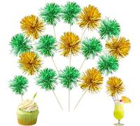 Ephlyn 30Pcs Foil Firework Cupcake Toppers Sparkle Tinsel Cupcake Picks Birthday Cake Decorations Drink Stirrers Cocktail Food Fruit Toothpicks for Baby Shower Graduation Party Supplies Green Gold