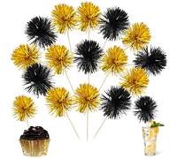 Ephlyn 30Pcs Foil Firework Cupcake Toppers Sparkle Tinsel Cupcake Picks Happy Birthday Cake Decorations Drink Stirrers Cocktail Food Toothpicks for Baby Shower Graduation Party Supplies Black Gold