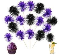 Ephlyn 30Pcs Foil Firework Cupcake Toppers Sparkle Tinsel Cupcake Picks Happy Birthday Cake Decorations Drink Stirrers Cocktail Food Toothpicks for Baby Shower Graduation Party Supplies Black Purple