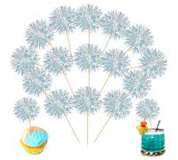 Ephlyn 30Pcs Foil Firework Cupcake Toppers Sparkle Tinsel Cupcake Picks Happy Birthday Cake Decorations Drink Stirrers Cocktail Food Fruit Toothpicks for Baby Shower Graduation Party Supplies White