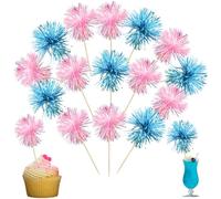 Ephlyn 30Pcs Foil Firework Cupcake Toppers Sparkle Tinsel Cupcake Picks Happy Birthday Cake Decorations Drink Stirrers Cocktail Food Toothpicks for Baby Shower Graduation Party Supplies Blue Pink