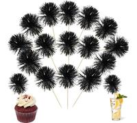 Ephlyn 30Pcs Foil Firework Cupcake Toppers Sparkle Tinsel Cupcake Picks Happy Birthday Cake Decorations Drink Stirrers Cocktail Food Fruit Toothpicks for Baby Shower Graduation Party Supplies Black