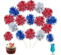 Ephlyn 30Pcs Foil Firework Cupcake Toppers Sparkle Tinsel Cupcake Picks Happy Birthday Cake Toppers Drink Cocktail Food Fruit Toothpicks for Baby Shower Birthday Party Supplies Red Silver Dark Blue