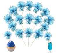 Ephlyn 30Pcs Foil Firework Cupcake Toppers Sparkle Tinsel Cupcake Picks Happy Birthday Cake Toppers Drink Stirrers Cocktail Food Toothpicks for Baby Shower Birthday Party Supplies Lake Blue