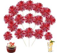 Ephlyn 30Pcs Foil Firework Cupcake Toppers Sparkle Tinsel Cupcake Picks Happy Birthday Cake Toppers Drink Stirrers Cocktail Food Fruit Toothpicks for Baby Shower Birthday Party Supplies Red