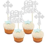 Ephlyn 30Pcs God Bless and Baptism Cupcake Toppers Glitter Cross God Bless Cupcake Picks for Christian First Communion Baptism Party Cake Decorations Supplies Silver