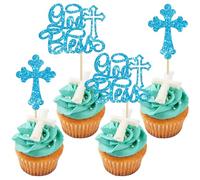 Ephlyn 30Pcs God Bless and Baptism Cupcake Toppers Glitter Cross God Bless Cupcake Picks for Christian First Communion Baptism Party Cake Decorations Supplies Blue