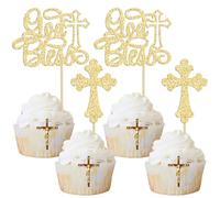 Ephlyn 30Pcs God Bless and Baptism Cupcake Toppers Glitter Cross God Bless Cupcake Picks for Christian First Communion Baptism Party Cake Decorations Supplies Gold