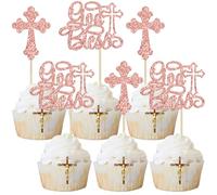 Ephlyn 30Pcs God Bless and Baptism Cupcake Toppers Glitter Cross God Bless Cupcake Picks for Christian First Communion Baptism Party Cake Decorations Supplies Rose Gold
