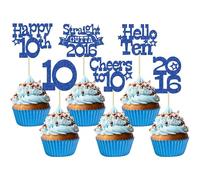 Ephlyn 30Pcs Happy 10th Birthday Cupcake Toppers Glitter Ten Straight Outta 2016 Cupcake Picks Cheers to 10 Years Cake Decorations for 10th Birthday Party Supplies Blue