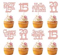 Ephlyn 30Pcs Happy 15th Birthday Cupcake Toppers Glitter Fifteen Straight Outta 2011 Cupcake Picks Cheers to 15 Years Cake Decorations for 15th Birthday Anniversary Party Supplies Rose Gold