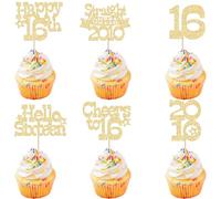 Ephlyn 30Pcs Happy 16th Birthday Cupcake Toppers Glitter Sixteen Straight Outta 2010 Cupcake Picks Cheers to 16 Years Cake Decorations for 16th Birthday Anniversary Party Supplies Gold