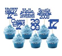 Ephlyn 30Pcs Happy 17th Birthday Cupcake Toppers Glitter Seventeen Straight Outta 2009 Cupcake Picks Cheers to 17 Years Cake Decorations for 17th Birthday Anniversary Party Supplies Blue