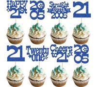 Ephlyn 30Pcs Happy 21st Birthday Cupcake Toppers Glitter Twenty-One Straight Outta 2005 Cupcake Picks Cheers to 21 Years Cake Decorations for 21st Birthday Anniversary Party Supplies Blue