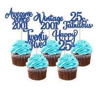 Ephlyn 30Pcs Happy 25th Birthday Cupcake Toppers Glitter Twenty-Five 25 Fabulous Vintage 2001 Cupcake Picks for 25th Birthday Anniversary Retirement Party Cake Decorations Supplies Dark Blue