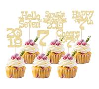 Ephlyn 30Pcs Happy 7th Birthday Cupcake Toppers Glitter Hello Seven Straight Outta 2019 Cupcake Picks Cheers to 7 Years Cake Decorations for 7th Birthday Party Supplies Gold
