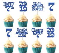 Ephlyn 30Pcs Happy 7th Birthday Cupcake Toppers Glitter Hello Seven Straight Outta 2019 Cupcake Picks Cheers to 7 Years Cake Decorations for 7th Birthday Party Supplies Blue