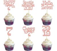 Ephlyn 30Pcs Happy 7th Birthday Cupcake Toppers Glitter Hello Seven Straight Outta 2019 Cupcake Picks Cheers to 7 Years Cake Decorations for 7th Birthday Party Supplies Rose Gold