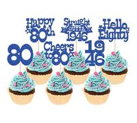Ephlyn 30Pcs Happy 80th Birthday Cupcake Toppers Glitter Eighty Straight Outta 1946 Cupcake Picks Cheers to 80 Years Cake Decorations for Happy 80th Birthday Anniversary Party Supplies Blue