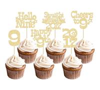 Ephlyn 30Pcs Happy 9th Birthday Cupcake Toppers Glitter Hello Nine Straight Outta 2017 Cupcake Picks Cheers to 9 Years Cake Decorations for 9th Birthday Party Supplies Gold
