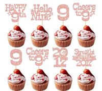 Ephlyn 30Pcs Happy 9th Birthday Cupcake Toppers Glitter Hello Nine Straight Outta 2017 Cupcake Picks Cheers to 9 Years Cake Decorations for 9th Birthday Party Supplies Rose Gold
