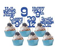 Ephlyn 30Pcs Happy 9th Birthday Cupcake Toppers Glitter Hello Nine Straight Outta 2017 Cupcake Picks Cheers to 9 Years Cake Decorations for 9th Birthday Party Supplies Blue