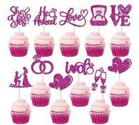 Ephlyn 30Pcs He Asked She Said Yes Cupcake Toppers Glitter Engagement Cupcake Toppers Diamond Ring Heart Love I Do Cupcake Picks for Engagement Wedding Party Cake Decorations Purple