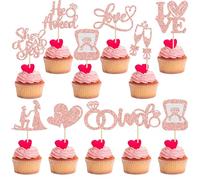 Ephlyn 30Pcs He Asked She Said Yes Cupcake Toppers Glitter Engagement Cupcake Toppers Diamond Ring Heart Love I Do Cupcake Picks for Engagement Wedding Party Cake Decorations Rose Gold
