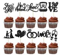 Ephlyn 30Pcs He Asked She Said Yes Cupcake Toppers Glitter Engagement Cupcake Toppers Diamond Ring Heart Love I Do Cupcake Picks for Engagement Wedding Party Cake Decorations Black