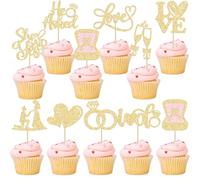 Ephlyn 30Pcs He Asked She Said Yes Cupcake Toppers Glitter Engagement Cupcake Toppers Diamond Ring Heart Love I Do Cupcake Picks for Engagement Wedding Party Cake Decorations Gold