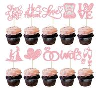 Ephlyn 30Pcs He Asked She Said Yes Cupcake Toppers Glitter Engagement Cupcake Toppers Diamond Ring Heart Love I Do Cupcake Picks for Engagement Wedding Party Cake Decorations Pink