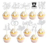 Ephlyn 30Pcs He Asked She Said Yes Cupcake Toppers Glitter Engagement Cupcake Toppers Diamond Ring Heart Love I Do Cupcake Picks for Engagement Wedding Party Cake Decorations Silver