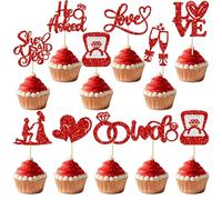 Ephlyn 30Pcs He Asked She Said Yes Cupcake Toppers Glitter Engagement Cupcake Toppers Diamond Ring Heart Love I Do Cupcake Picks for Engagement Wedding Party Cake Decorations Red