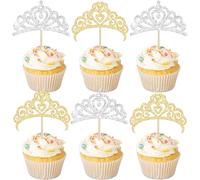 Ephlyn 30Pcs Princess Crown Cupcake Toppers Picks Glitter Magic Academy Witch Theme Cupcake Pick Decorations for Birthday Baby Shower Party Cake Decorations Supplies Gold Silver