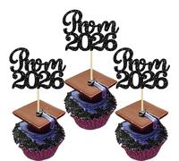 Ephlyn 30Pcs Prom 2026 Cupcake Toppers Glitter Prom Night Party 2026 Graduation Cupcake Picks Class of 2026 Cake Decorations for 2026 Graduation Cake Decorations Supplies Black 1